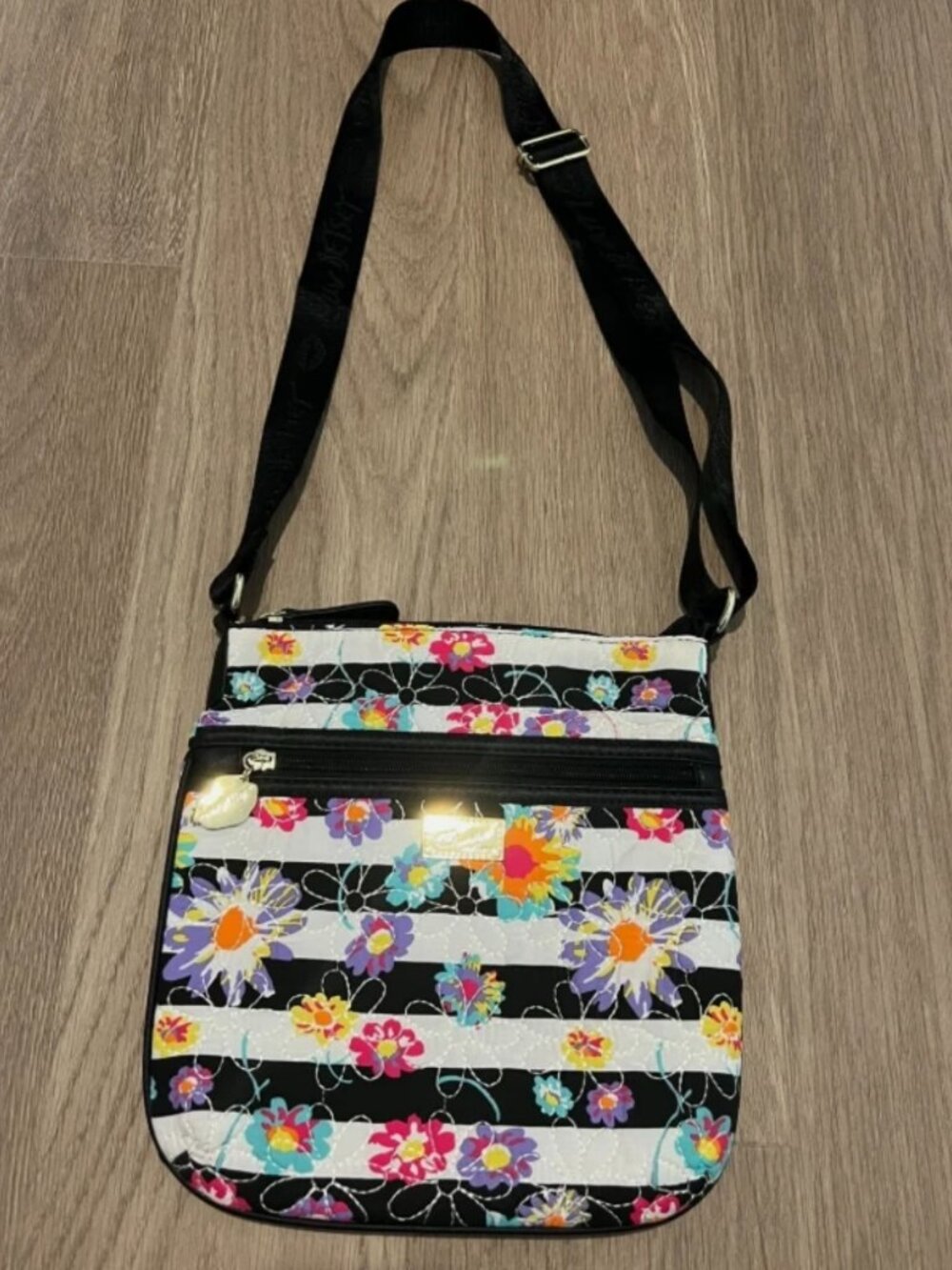 LUV BETSEY JOHNSON Black White Stripe Floral Crossbody Purse Bag Quilted Flowers